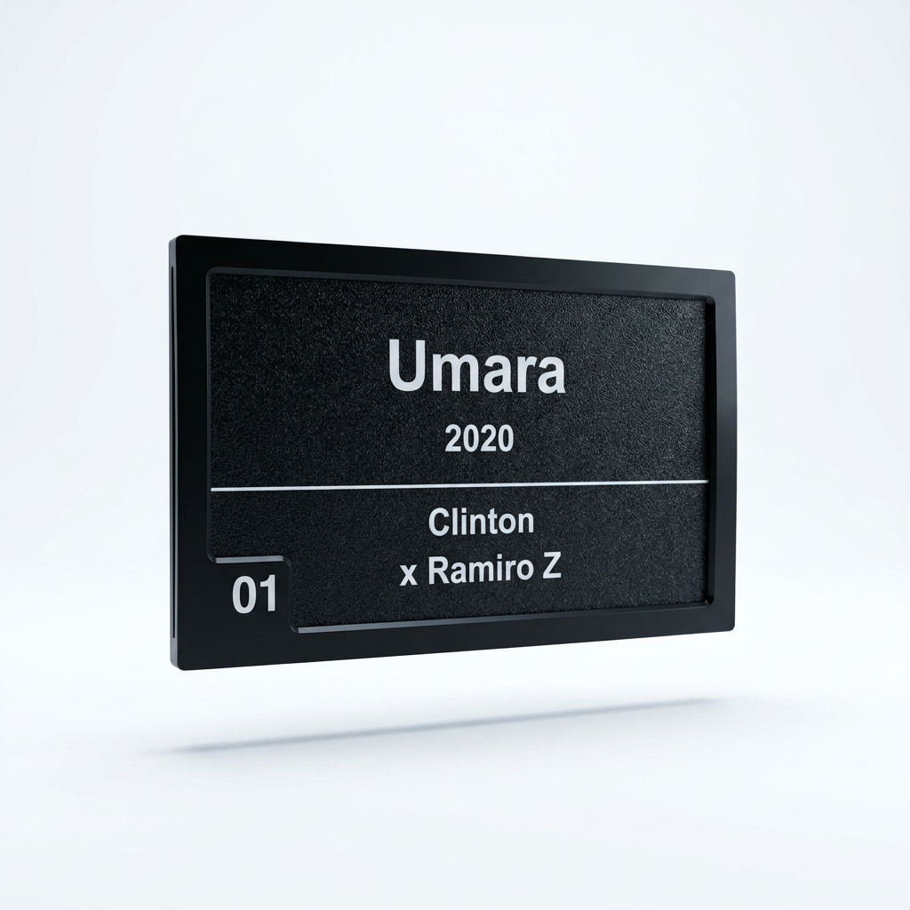 Etiqo Boxenschild mit Rahmen, Beispiel: Umara, 2020, Clinton x Ramiro Z, Box 01